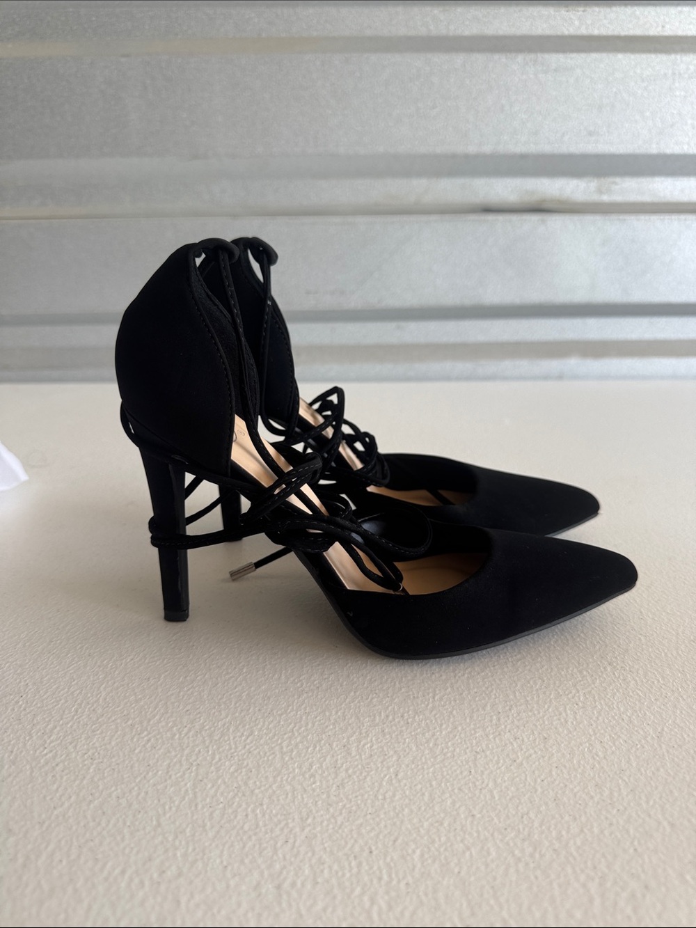 Black Pointed Toe Lace-Up Stiletto Heels